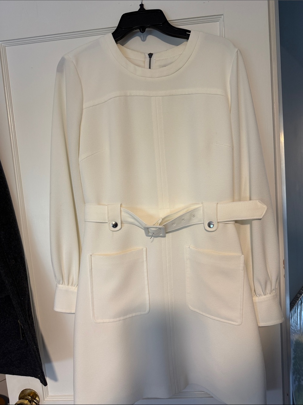 Club Monaco Cream Long-Sleeve Belted Shift Dress